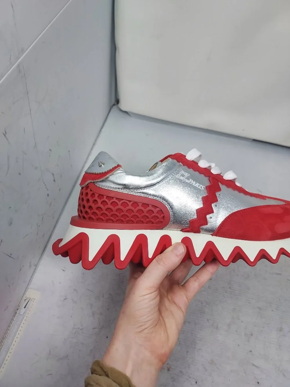 CHRISTIAN LOUBOUTIN MENS  Loubishark Red Silver Low Top Sneaker